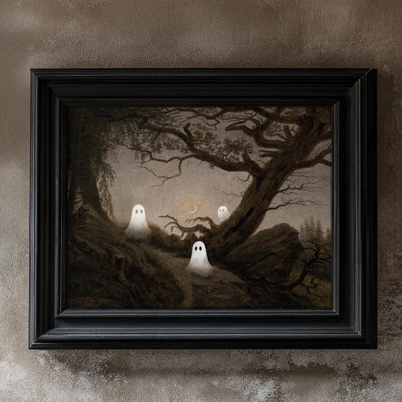 Cute Ghost Wall Art Moody Landscape Painting Dark Academia Decor Fall Wall Art Ghost Painting Moody Art Print Vintage Halloween Home Decor