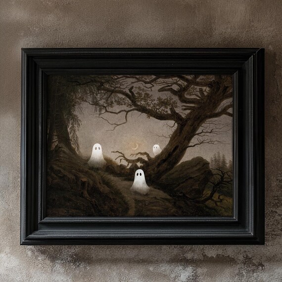 Three Ghosts In A Dark Haunted Forest Spooky Vintage Art Poster