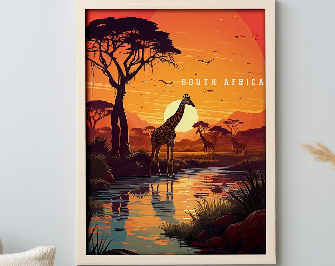 South Africa Giraffes Waterhole Sunset Savanna Vintage Travel Poster - Image 7