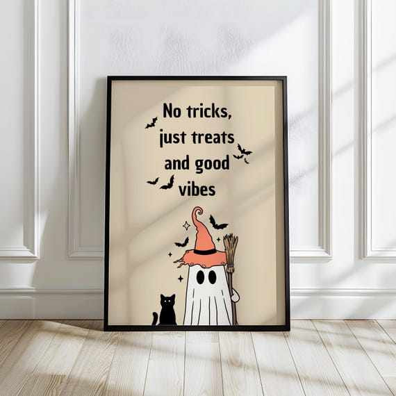 Cute And Cat Wall Art No Tricks Just Treats Quote Poster For Home Decor
