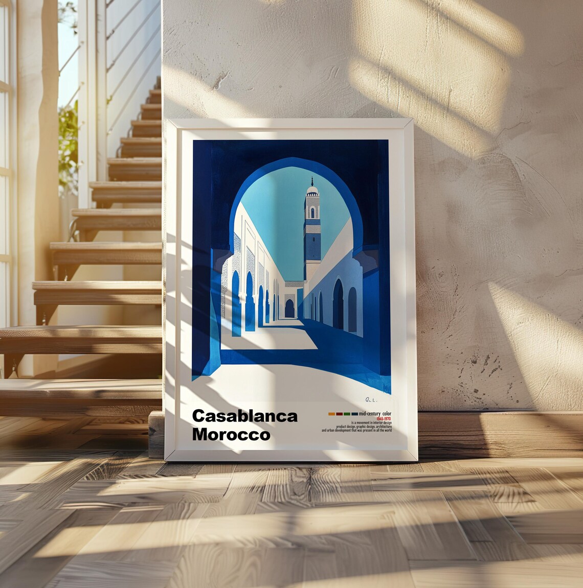 Casablanca Morocco Blue Courtyard Minaret Mid Century Poster - Image 2
