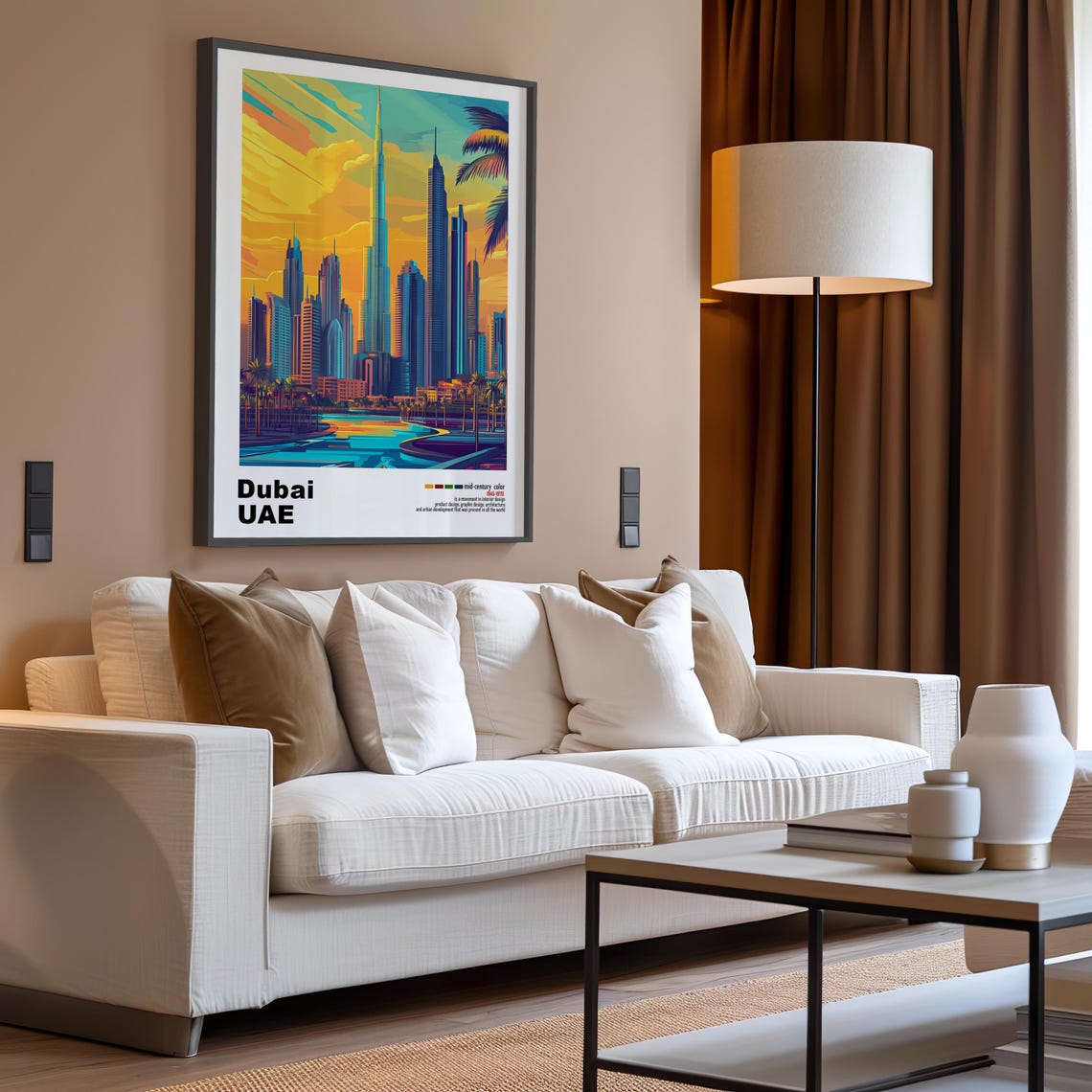 Dubai UAE Burj Khalifa Sunset Skyline Mid Century Travel Poster - Image 3