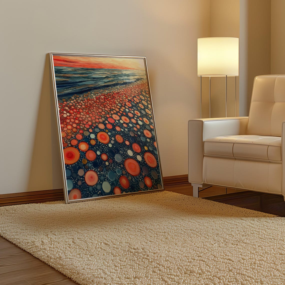 Kusama Inspired Coral Dots Shore on Dark Sea Sunset Sky Poster - Image 3