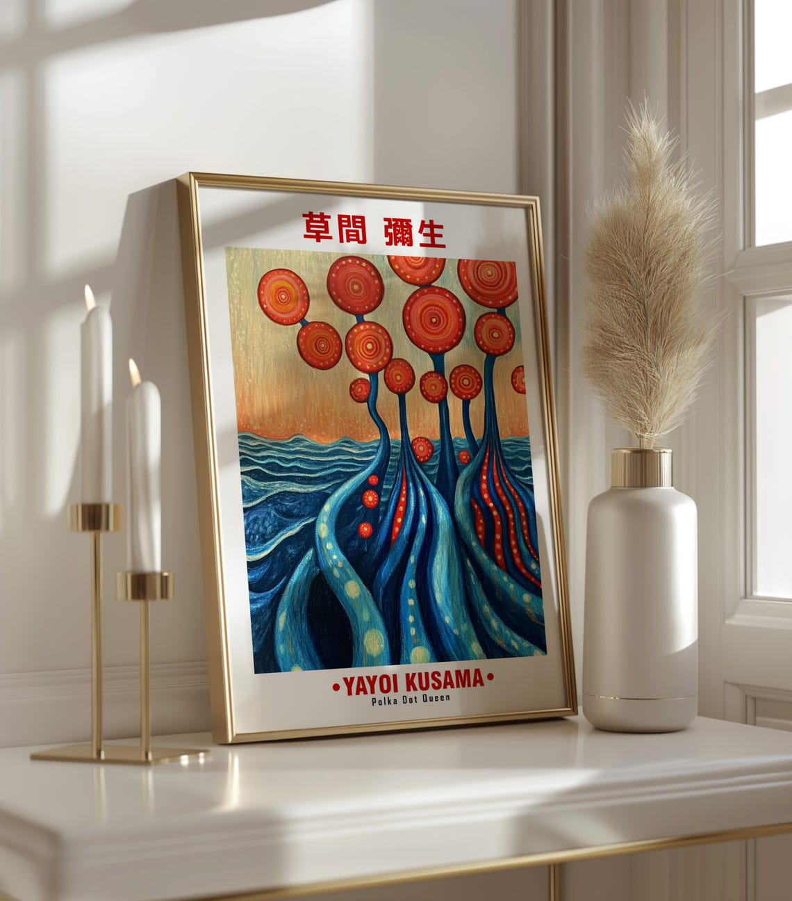 Red Dotted Disc Flowers Blue Ocean Sunset Kusama Inspired Poster - Image 3