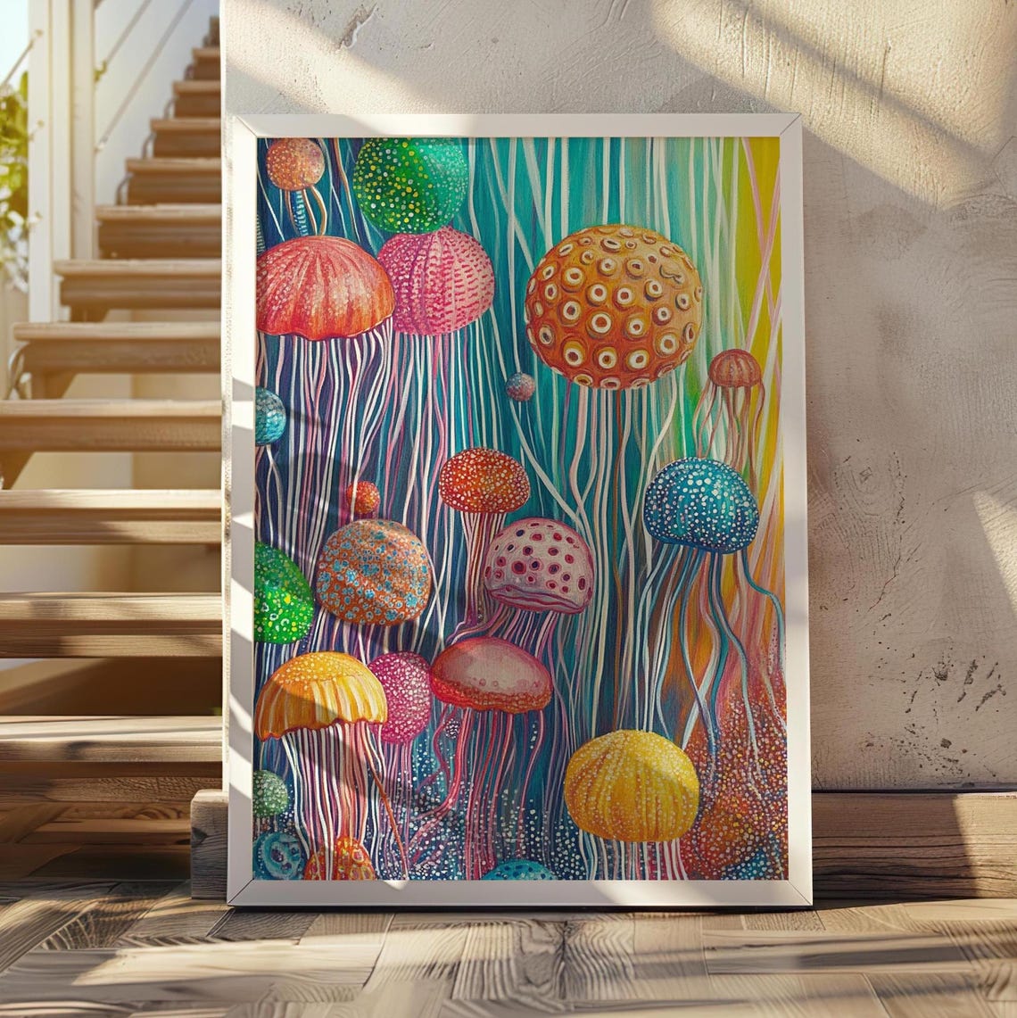 Colorful Dotted Jellyfish Bloom in a Teal Ocean Scene Art Poster