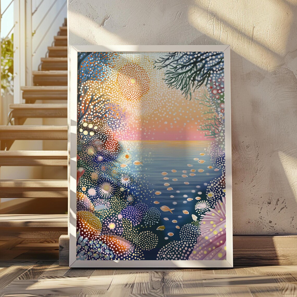 Yayoi Kusama Inspired Dotted Goldfish Pond at Sunset Art Poster Decor