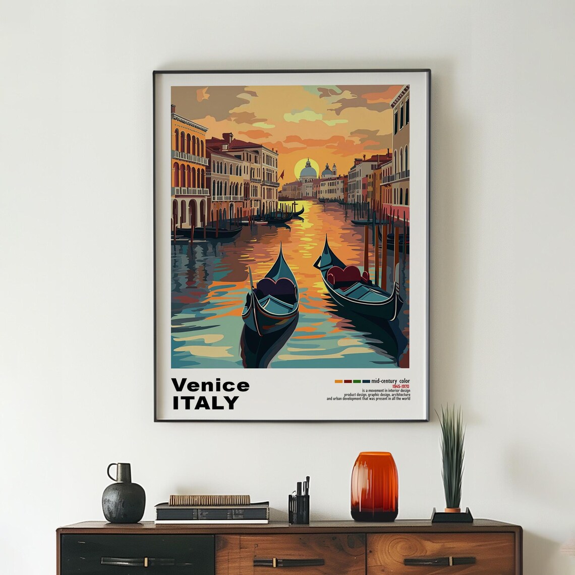 Venice Italy Grand Canal Gondolas Sunset Mid Century Travel Poster - Image 2
