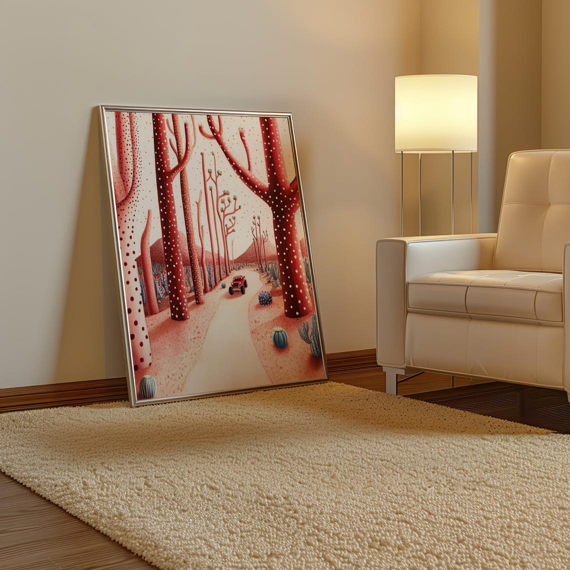 Red Desert Canyon Road with Polka Dot Trees and a Small Jeep Poster - Image 3