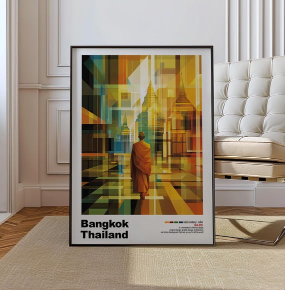 Bangkok Thailand Mid Century Modern Architecture Art Print Retro Minimalist Poster With Geometric Design Bold Mid Century Color Thai