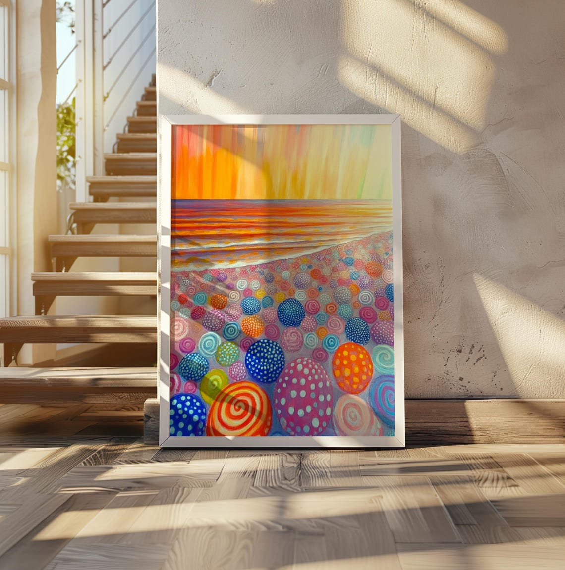 Kusama Inspired Rainbow Dotted Pebbles Beach Sunset Sky Poster