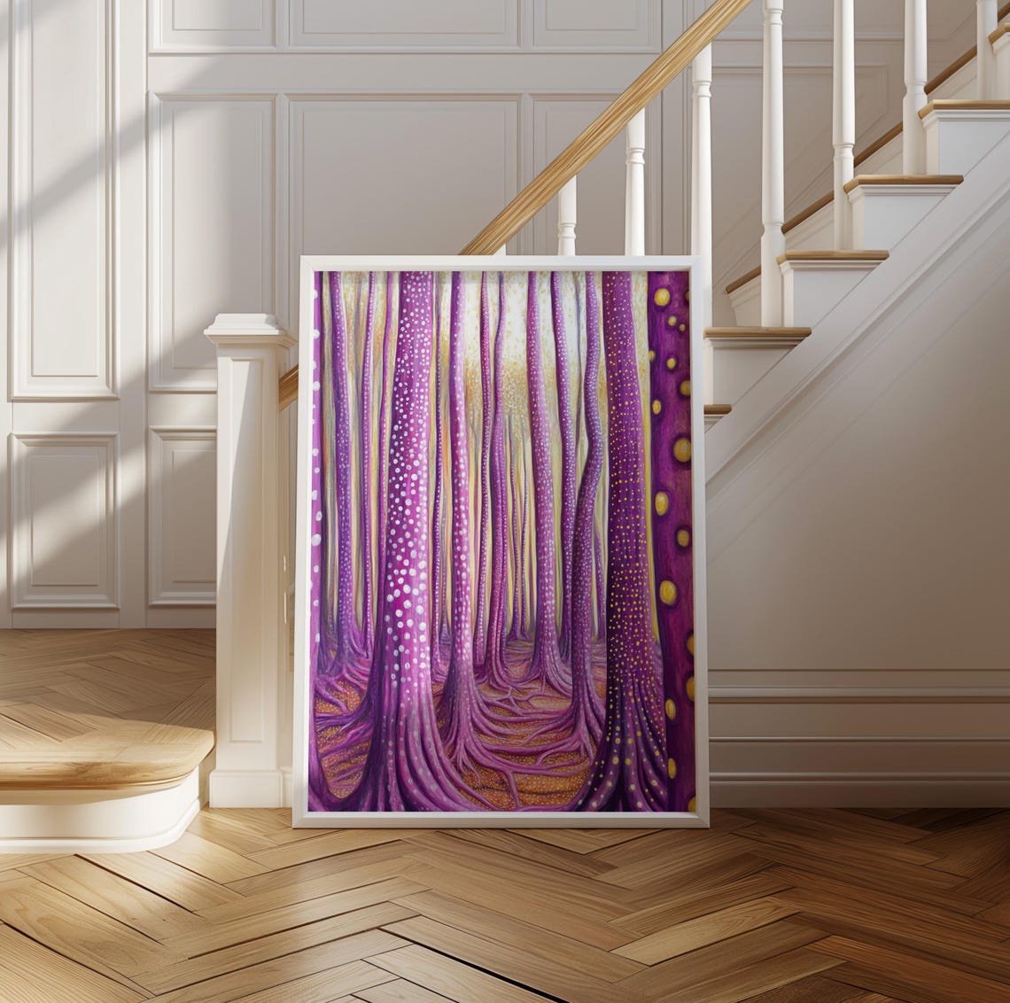 Kusama Inspired Purple Dotted Forest Tree Trunk Pathway Poster - Image 2
