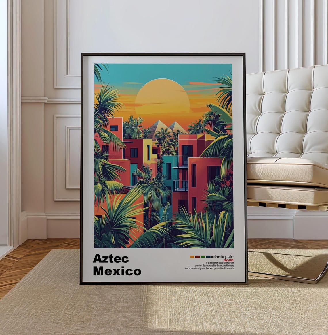 Aztec Mexico Pyramid Sunset Palm Trees Colorful Buildings Poster