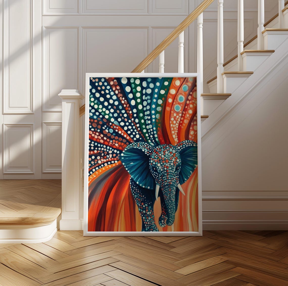 Charging Blue Dotted Elephant on Fiery Orange Background Poster - Image 2