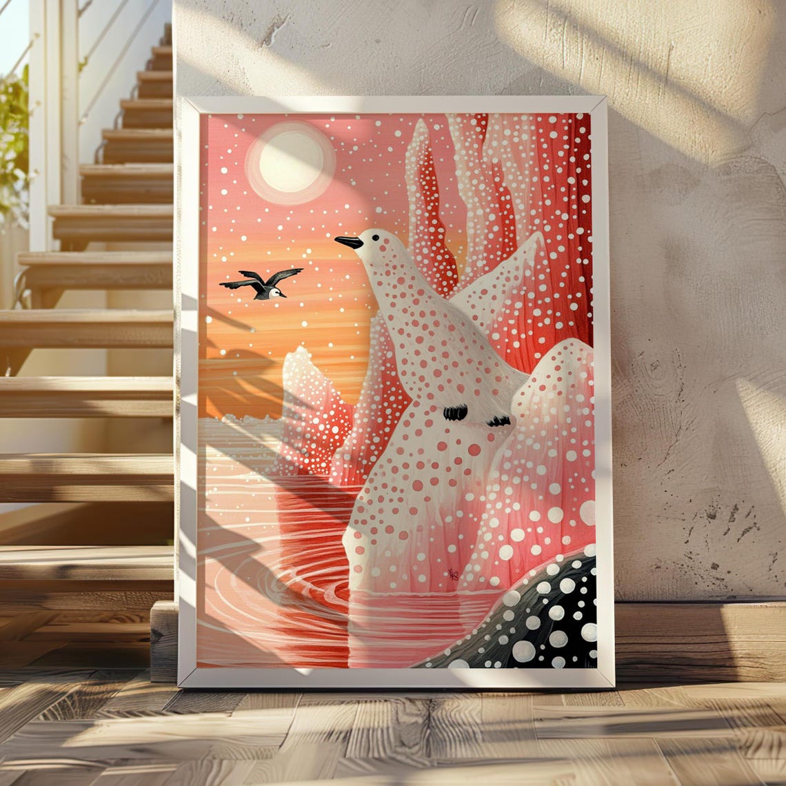 Polar Bear on Pink Polka Dot Ice at Sunset with Birds Poster