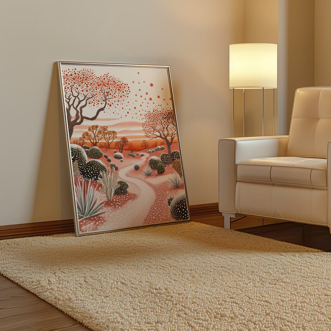 Serene Winding Path Through Pink Dotted Desert Bushland Art Poster - Image 3