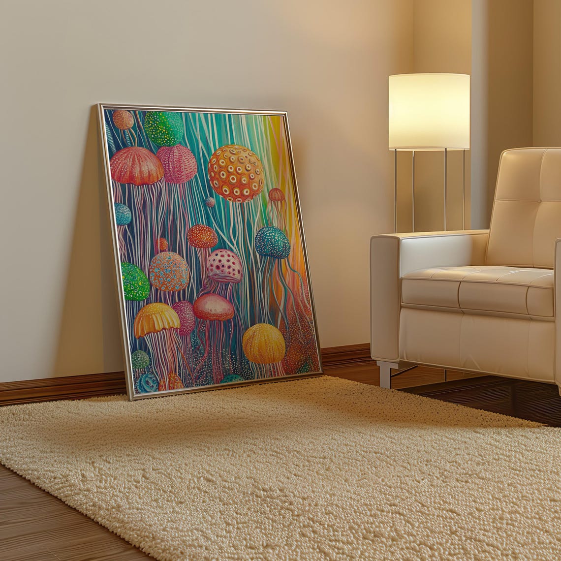 Colorful Dotted Jellyfish Bloom in a Teal Ocean Scene Art Poster - Image 3
