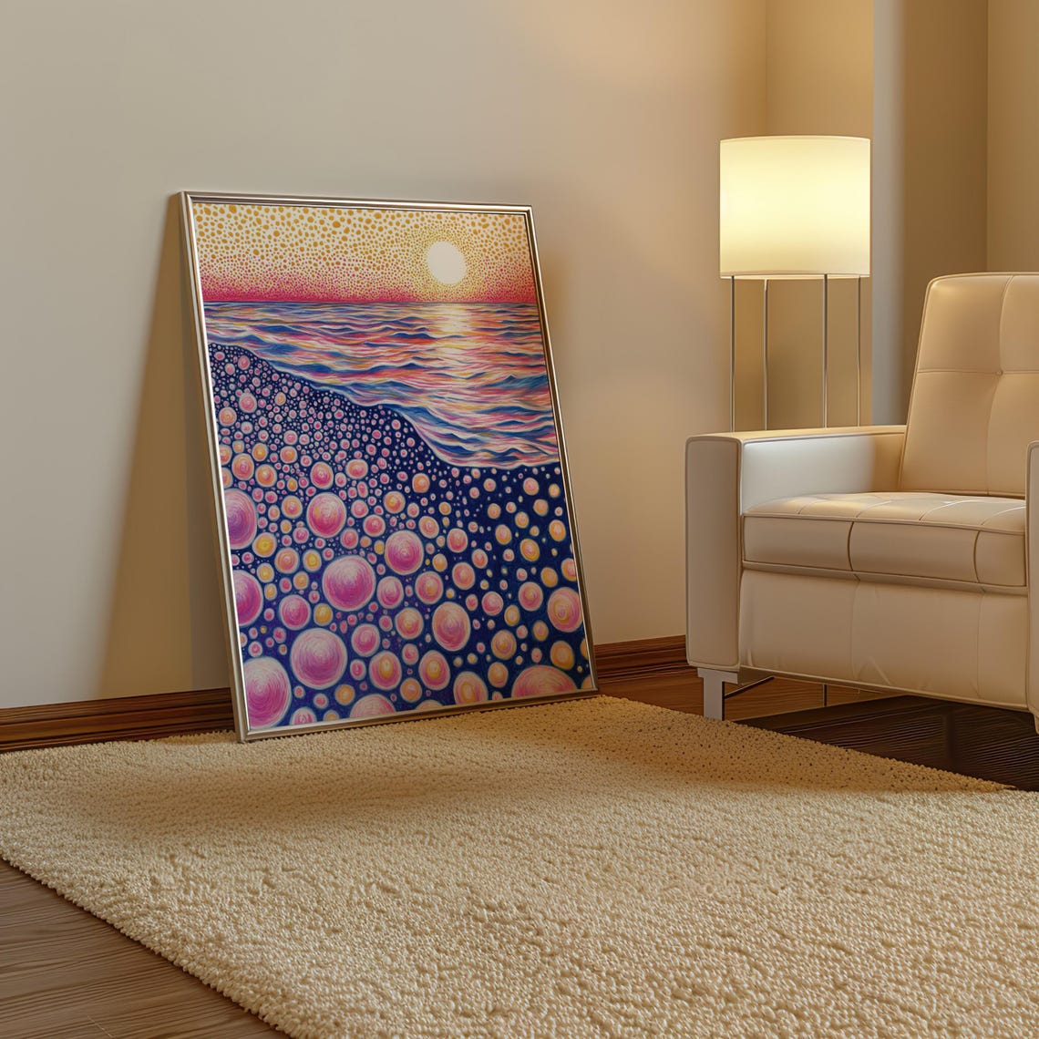 Vibrant Pink Polka Dot Sunset Over Purple Ocean Kusama Style Poster - Image 3
