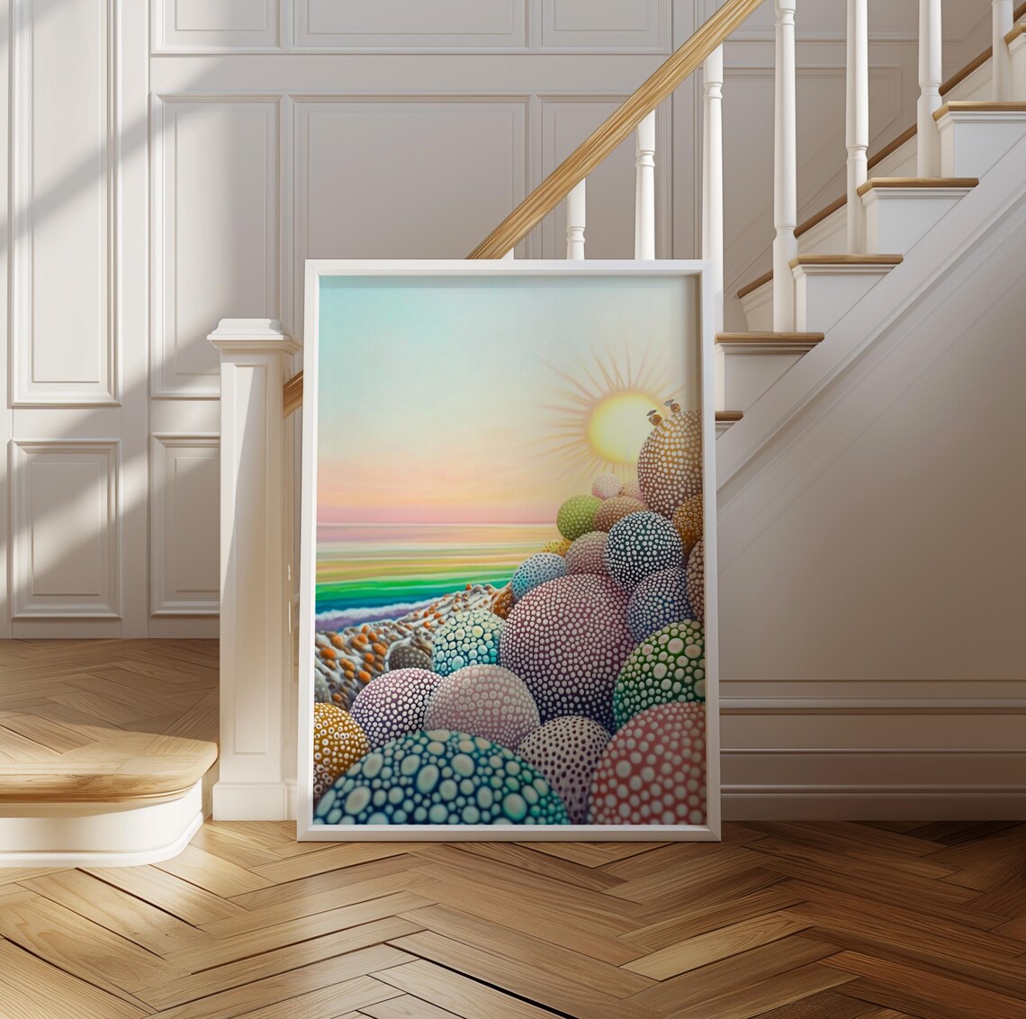 Colorful Polka Dot Rocks Piled by the Sea at Pastel Sunset Poster - Image 2