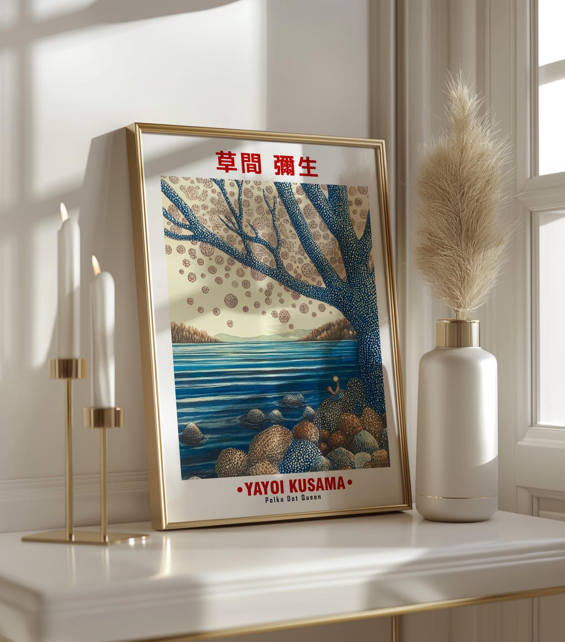 Blue Dotted Tree Lakeshore Rocky Banks Yayoi Kusama Inspired Poster - Image 3