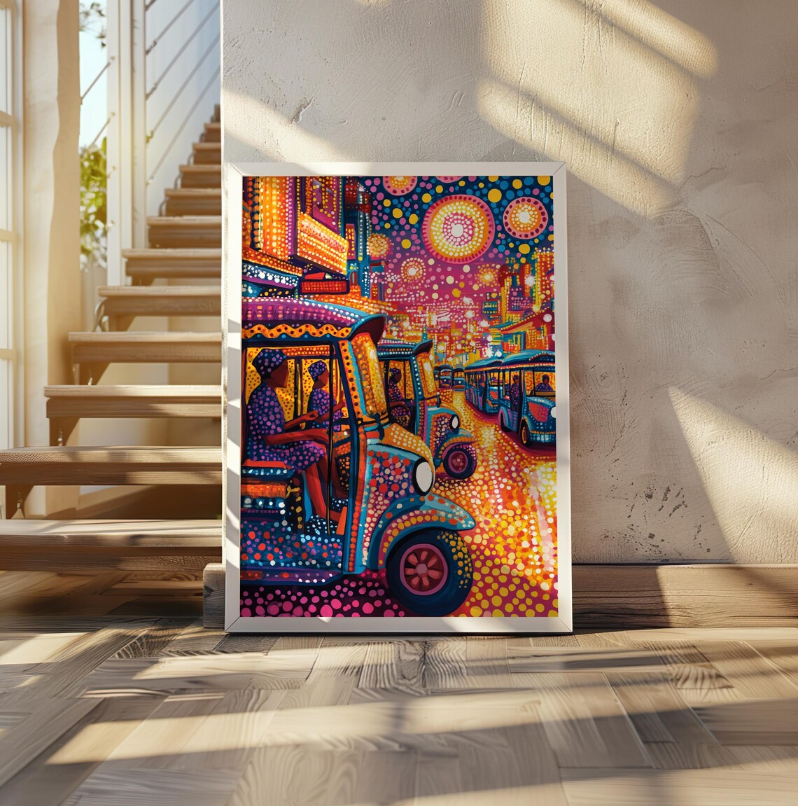 Yayoi Kusama Inspired Dotted Tuk Tuk Street Scene at Night Art Poster