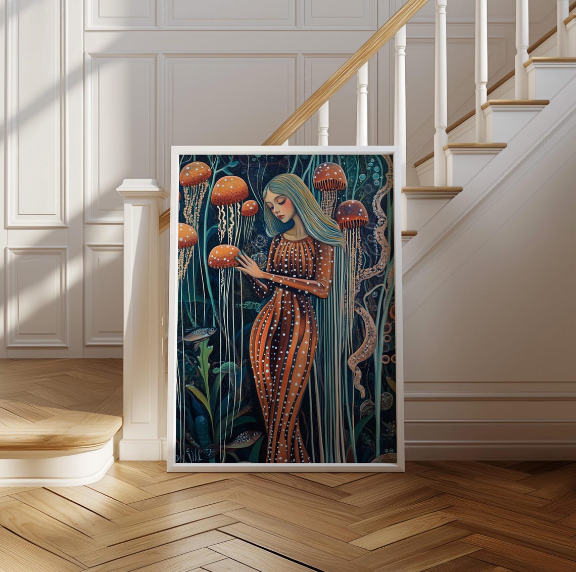 Kusama Inspired Woman Touching Orange Jellyfish Dots Art Poster - Image 2