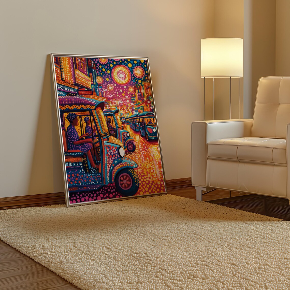 Yayoi Kusama Inspired Dotted Tuk Tuk Street Scene at Night Art Poster - Image 3