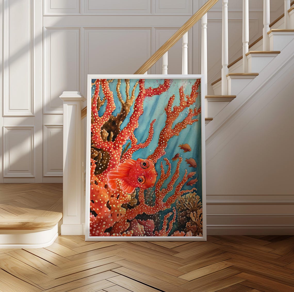 Bright Red Coral Reef with Playful Fish Underwater Dot Art Poster - Image 2