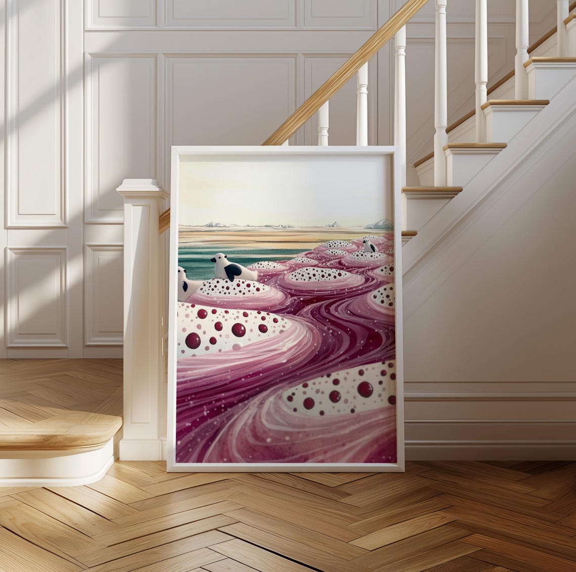 Seagulls on Swirling Purple Waves in Polka Dot Ocean Art Poster - Image 2