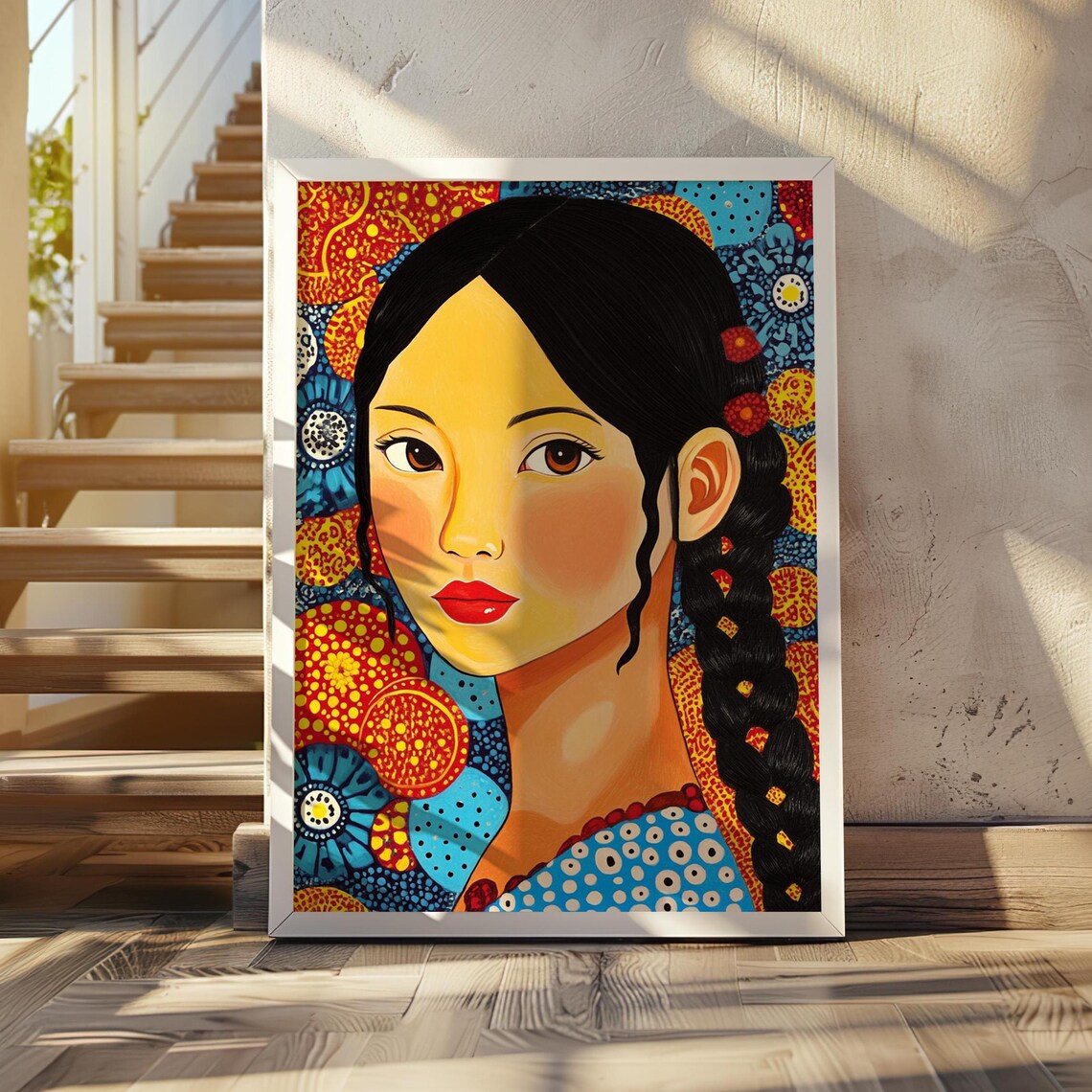 Portrait of a Woman with a Braid in Bold Polka Dot Floral Poster