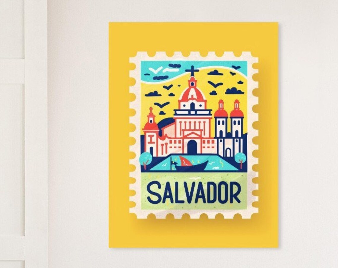 Salvador Brazil Colonial Church Harbor Stamp Travel Art Poster