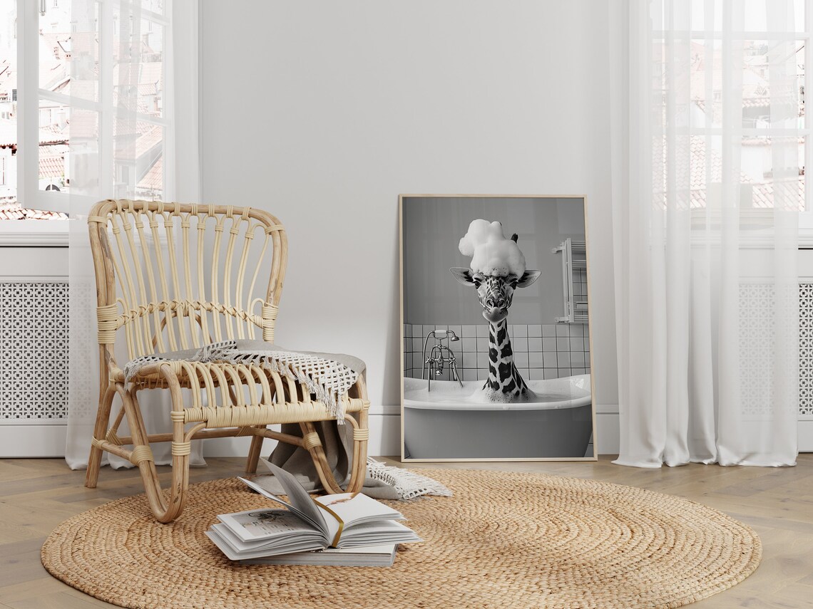 Giraffe In A Bubble Bath - Funny Bathroom Poster - Image 2