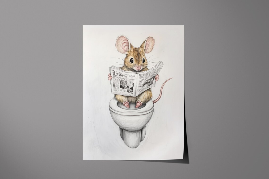 Mouse Reading A Newspaper Bathroom Art Print - Image 5