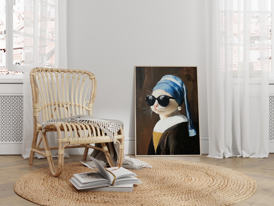 Cute Cat With A Pearl Earring, Funny Art Print - Image 3