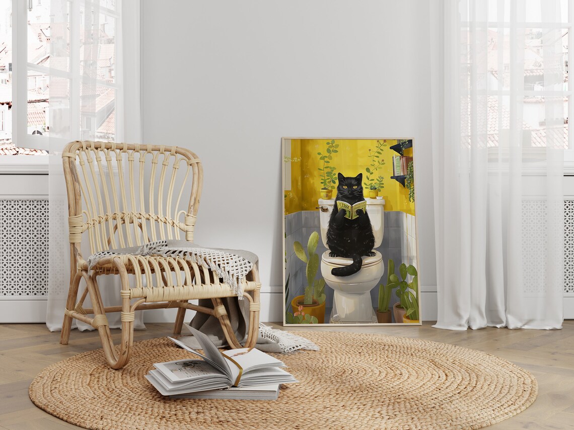 Black Cat On A Toilet, Funny Bathroom Poster - Image 3