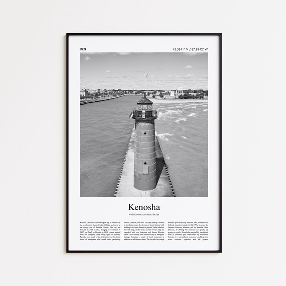 Kenosha Harbor Lighthouse Black And White Aerial Photo Poster