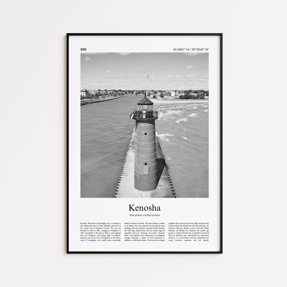 Kenosha Harbor Lighthouse Black And White Aerial Photo Poster