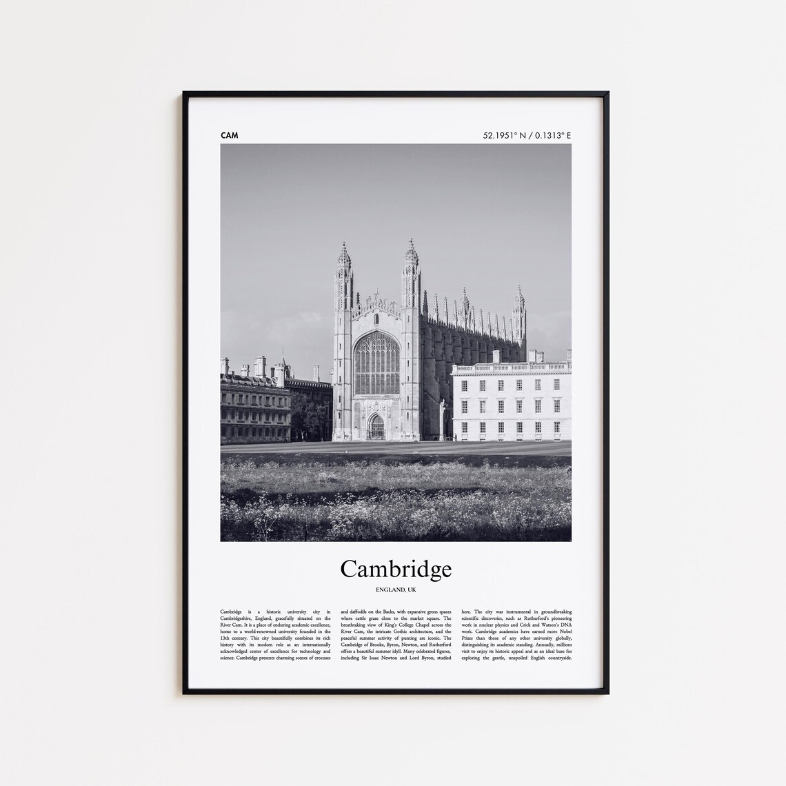 Cambridge England Kings College Black White Photo Travel Poster