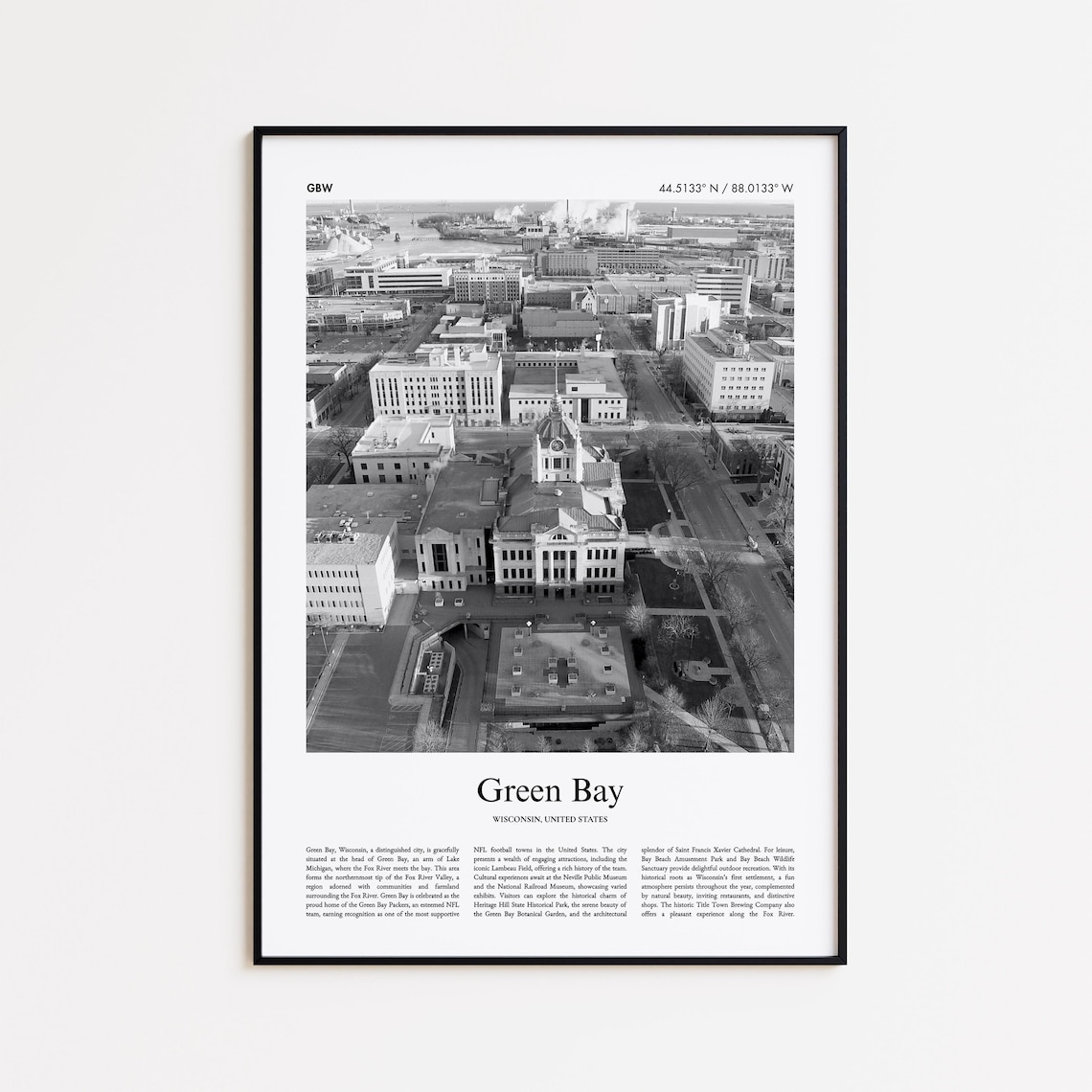 Green Bay Wisconsin Black and White Aerial City Photo Poster