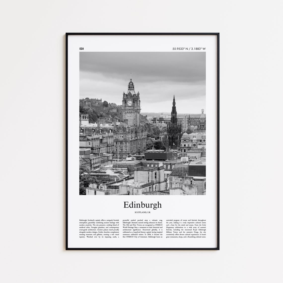 Edinburgh Scotland Old Town Clock Tower Black White Travel Poster