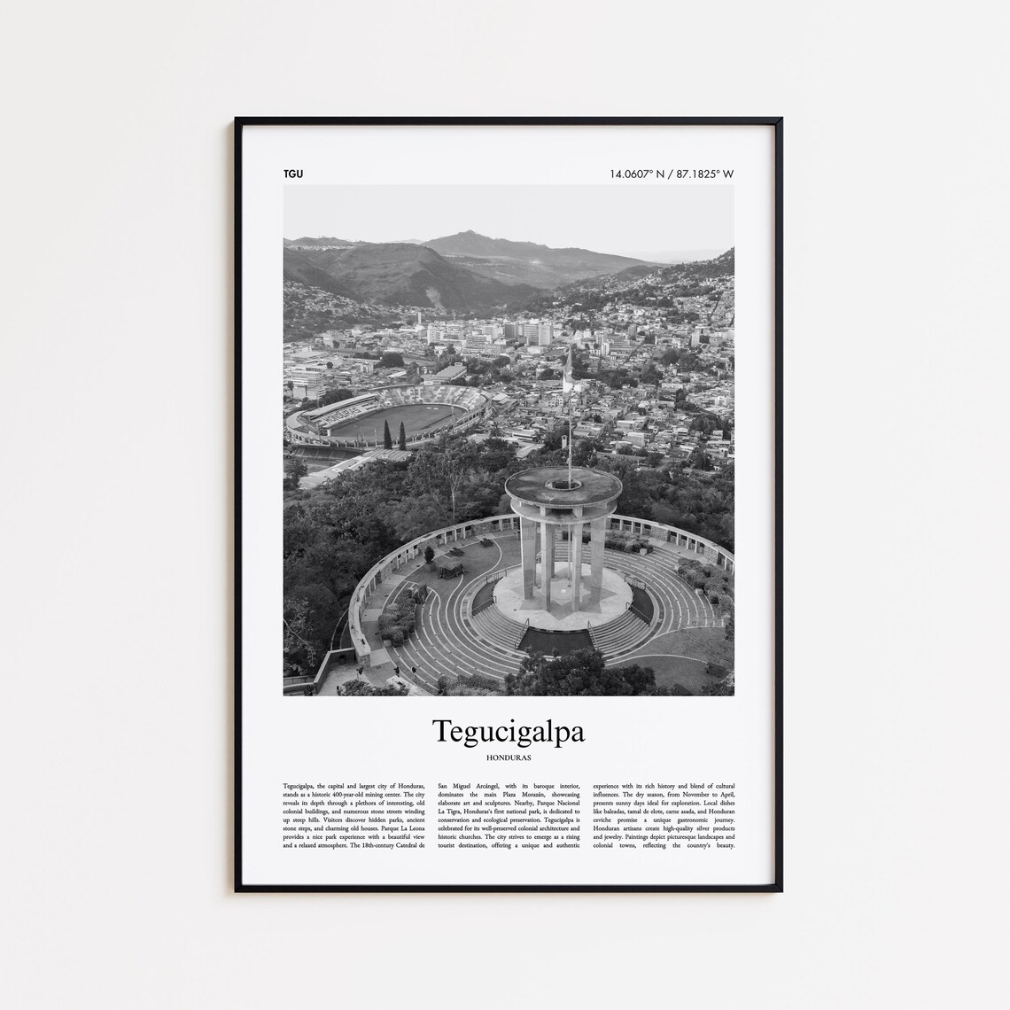 Tegucigalpa Honduras Monument Aerial Black and White Photo Poster