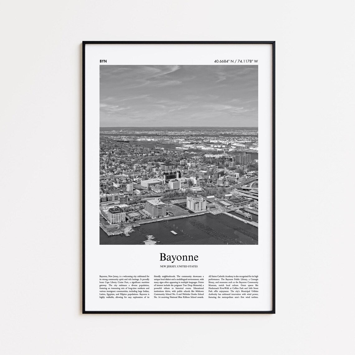 Bayonne New Jersey Cityscape Black And White Photo Travel Poster