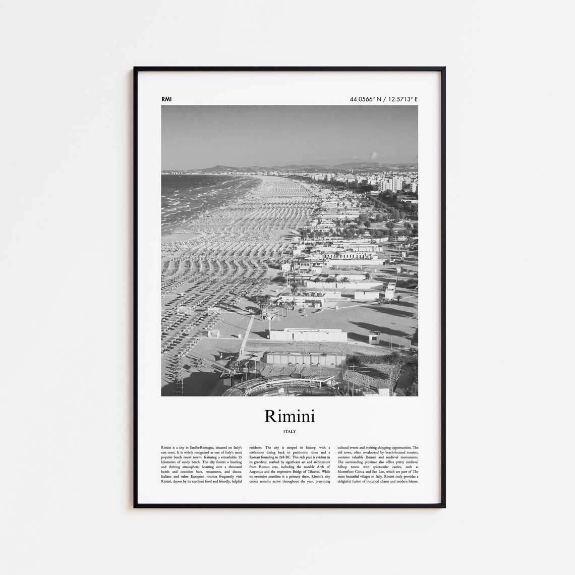 Rimini Italy Aerial Beach Shoreline Black and White Photo Poster
