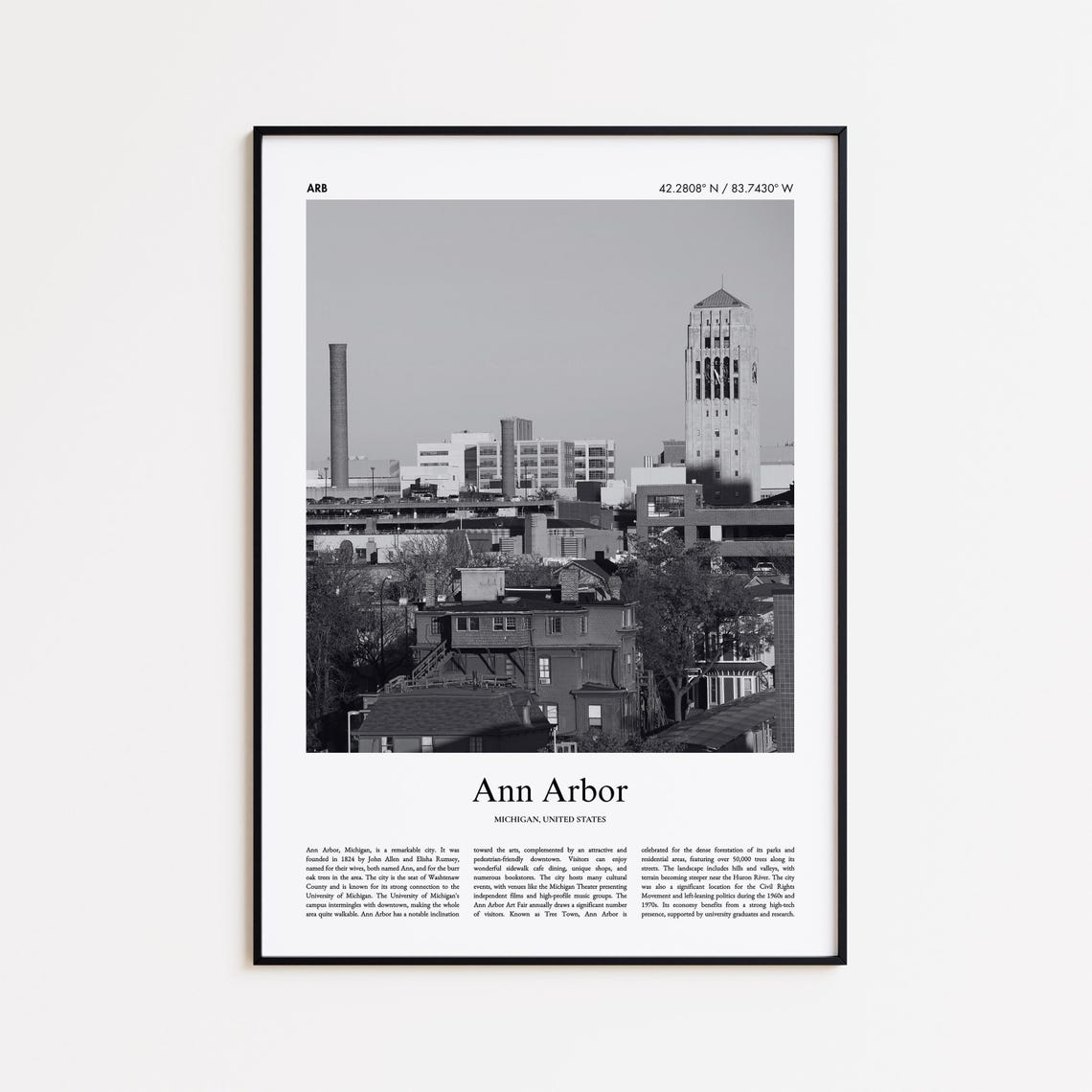 Ann Arbor Michigan Black and White Downtown Skyline Photo Print