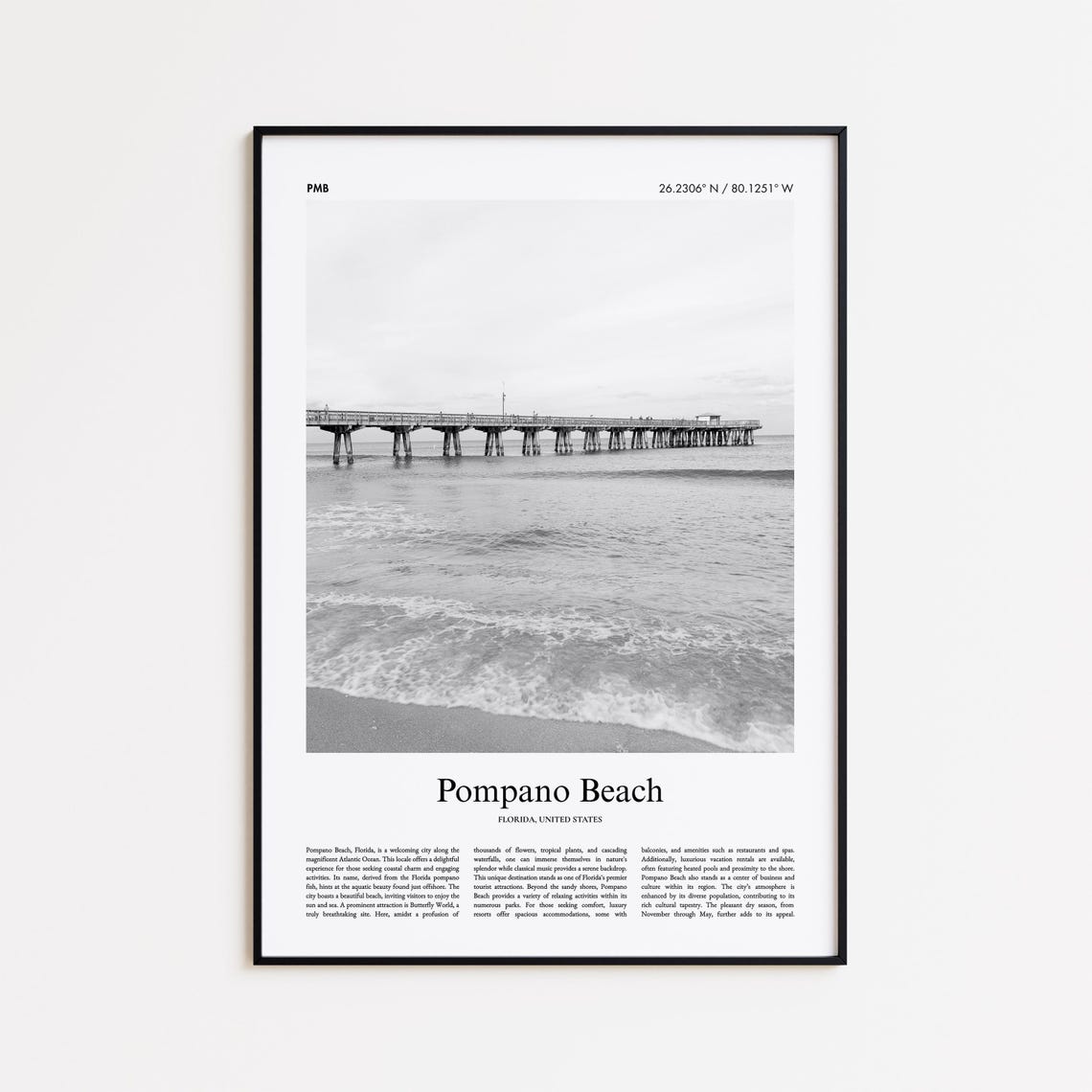 Pompano Beach Florida Fishing Pier Black And White Photo Poster