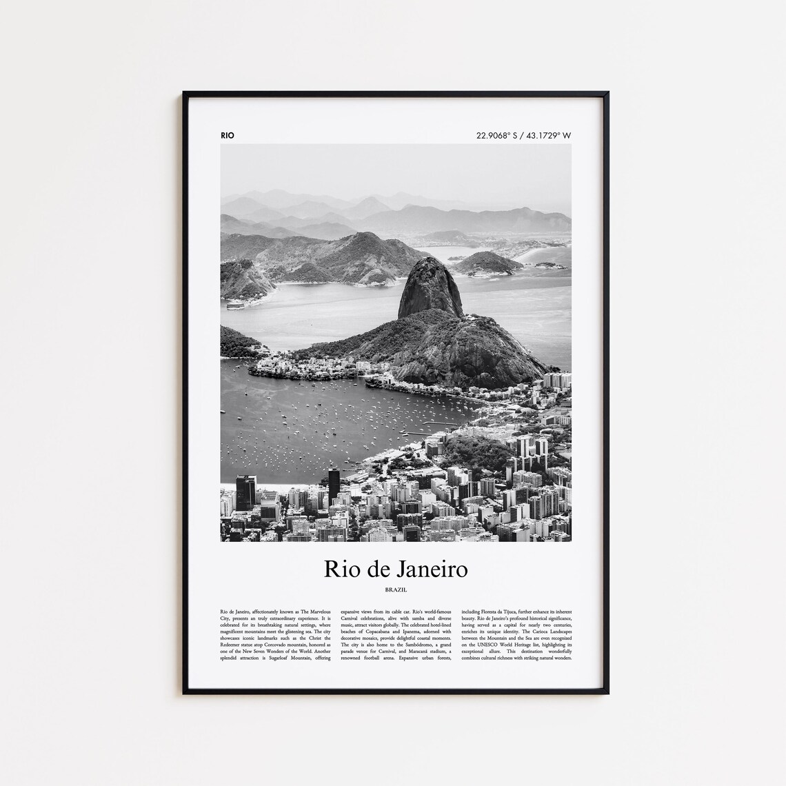 Rio de Janeiro Brazil Sugarloaf Aerial Black White Photo Poster