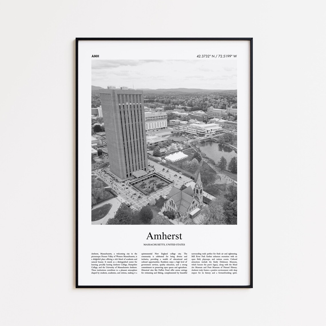 Amherst Massachusetts Campus Black And White Photo Travel Poster