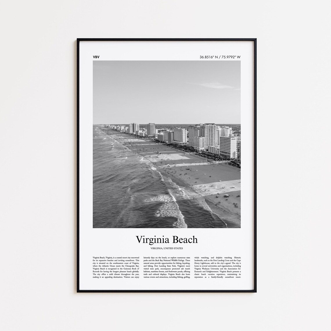 Virginia Beach Virginia Black and White Travel Poster Oceanfront Photo