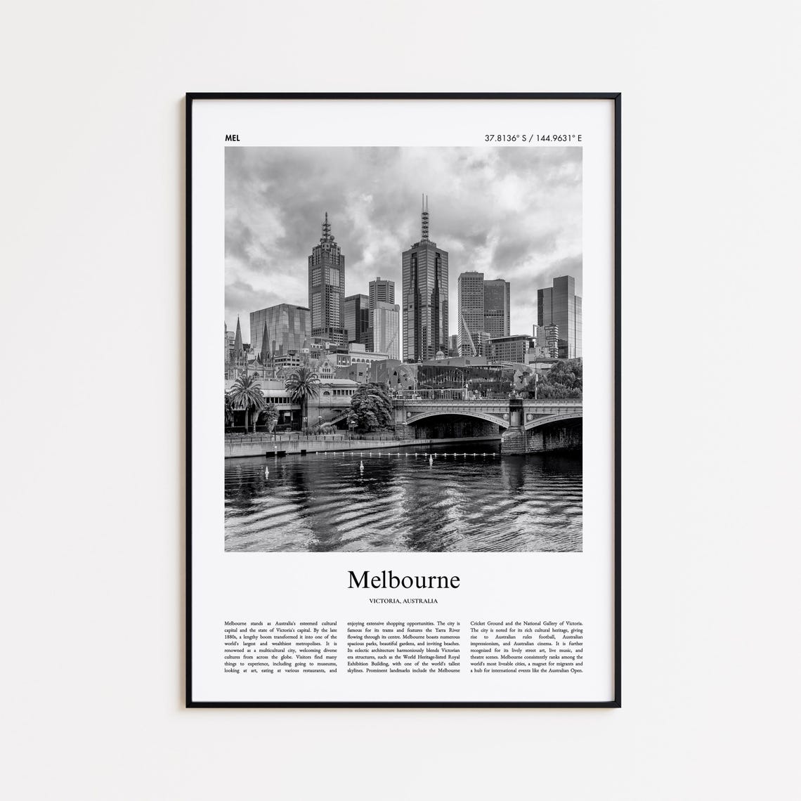 Melbourne Victoria City Skyline Black And White Travel Art Poster