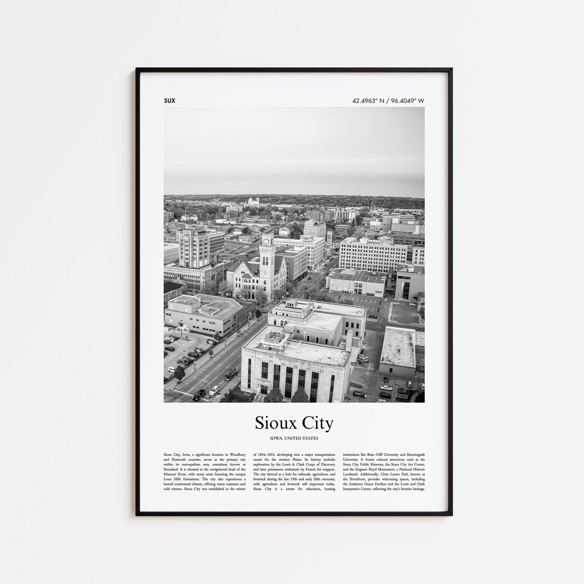 Sioux City Iowa Black And White Aerial Downtown Photo Poster
