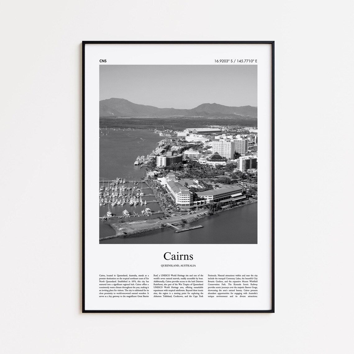 Cairns Marina Aerial View Black and White Travel Photography Poster